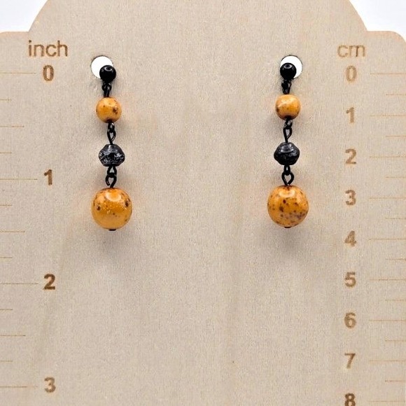 Handmade Golden Yellow Ceramic and Snowflake Obsidian Black Drop Dangle Earrings - Picture 6 of 6